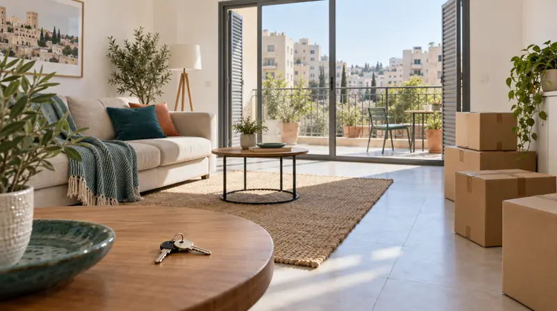 סלון מואר בדירה שכורה לפני כניסה: ספה, ארגזי מעבר, מפתחות על שולחן ומרפסת עם נוף של בנייני אבן